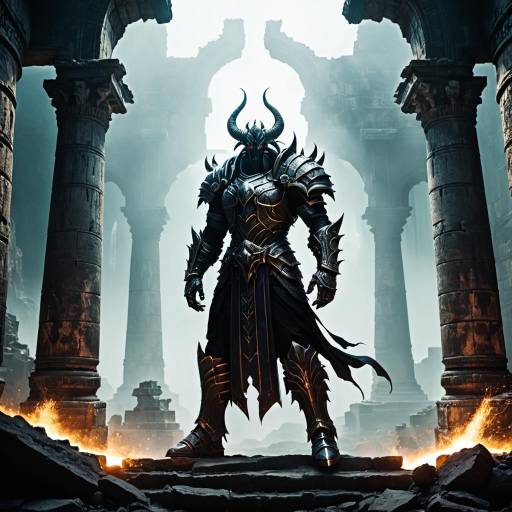Dark Knight in Demonic Armor in Ancient Ruins