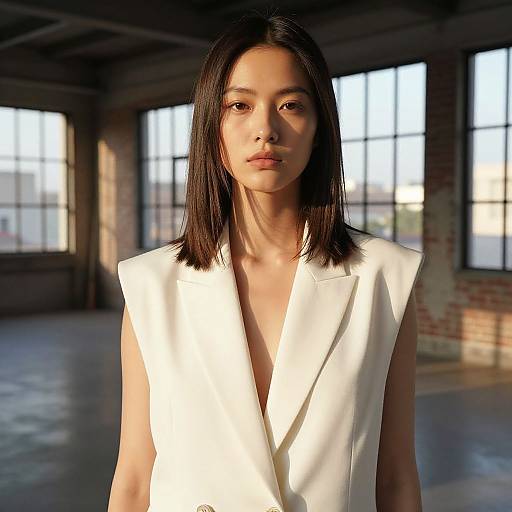 Photograph of an Asian woman with straight black hair, wearing a sleeveless white V-neck blouse, standing in a sunlit industrial loft with large windows