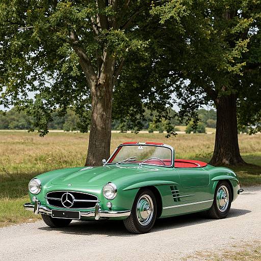 Photograph of a vintage, green Mercedes-Benz convertible with red interior, parked on a gravel path under tall trees in a sunny, grassy field.