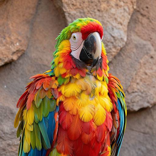 Vibrant photograph of a colorful macaw with bright red, yellow, green, and blue feathers, set against a textured stone background.
