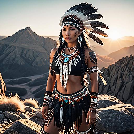 Athletic Native American Woman in Modern Tribal Outfit on Mountain