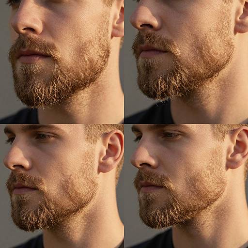 Close-up photograph of a bearded Caucasian man with light brown hair, showing four different angles of his face. Natural sunlight highlights his stubble and skin