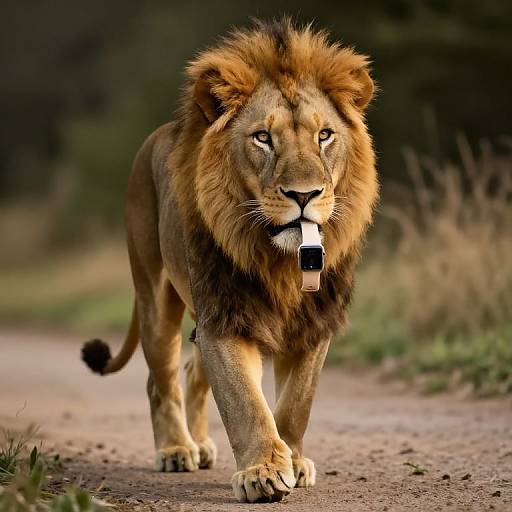 Photograph of a majestic male lion with a golden mane and a black collar, walking confidently on a dirt path in a forested area, with a
