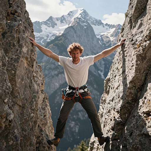 Man Climbing Between Rocky Cliffs with Mountain Background