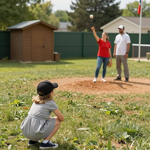 Child Observing Baseball Game in Backyard