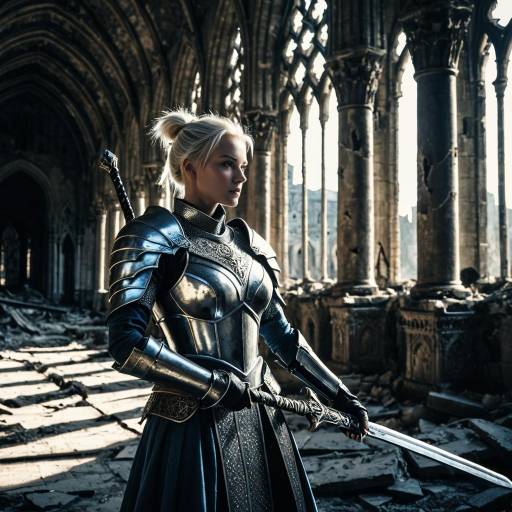Heroic Female Warrior in Ruined Gothic Cathedral