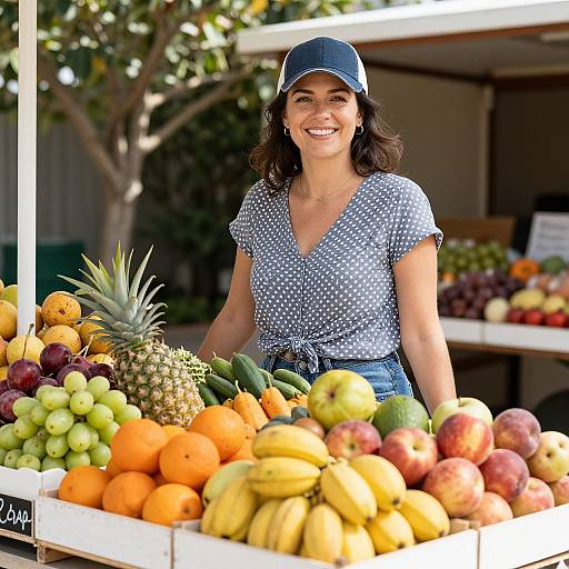 Photograph of a smiling woman with wavy brown hair, wearing a blue cap and polka-dot shirt, standing behind a colorful fruit stall.