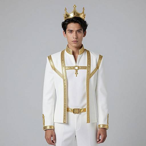 Photograph of a young man with dark hair, wearing a white and gold royal outfit, gold crown, and white pants, against a plain light grey