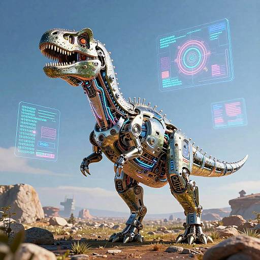 Futuristic AI Dinosaur in Digital Landscape