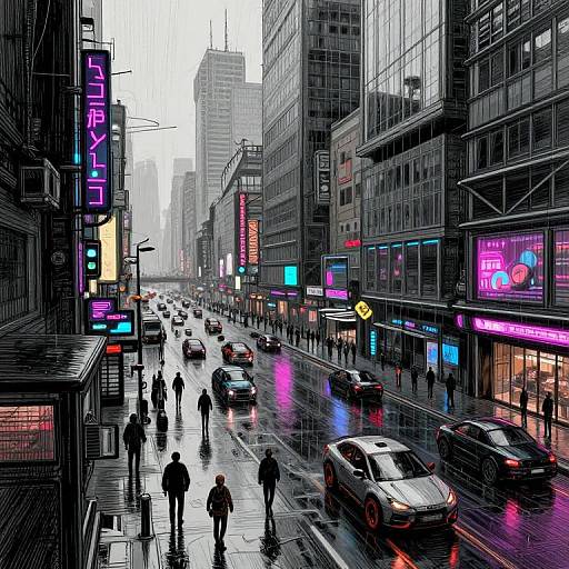Digital drawing of a rainy, neon-lit city street with pedestrians and cars, featuring vibrant signs and reflective wet pavement.