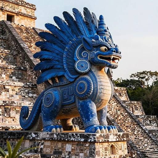 Photograph of a vibrant blue, feathered, stone lion statue with intricate patterns, standing on ancient, weathered stone steps in a Mayan temple