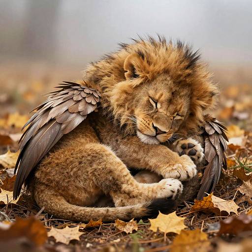 Photograph of a young lion with feathered wings, sleeping on a forest floor covered in autumn leaves, eyes closed, serene expression.