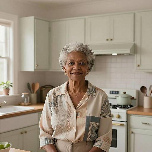 Photograph of an elderly woman with curly gray hair, wearing a beige patterned blouse, standing in a bright, white kitchen.