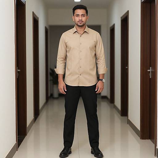 Photograph of a medium-built man with short black hair, light brown skin, wearing a beige shirt, black pants, and black shoes, standing in