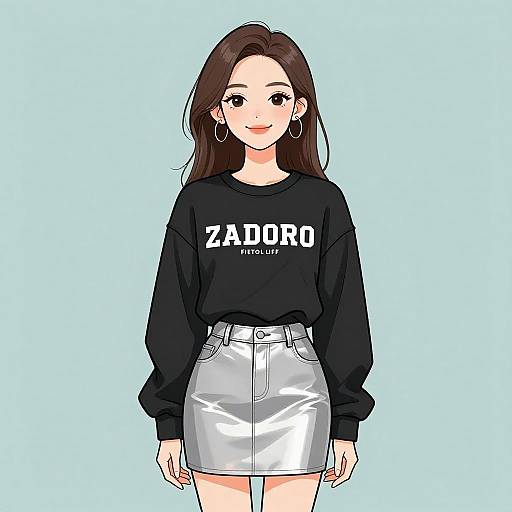 Digital anime-style drawing of a young woman with long brown hair, wearing a black 