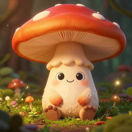 Cute, white, mushroom-shaped creature with black eyes and a smile, sitting on forest floor under a large, red-spotted mushroom. Digital art