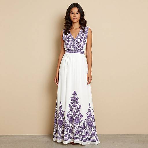 Photograph of a dark-haired woman in a sleeveless, white dress with a deep V-neck and intricate purple floral embroidery, standing against a plain beige