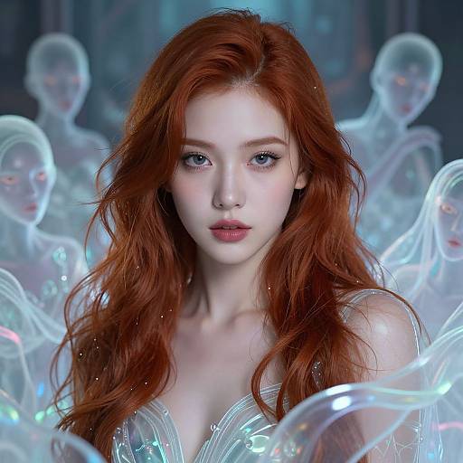 Digital artwork of a pale-skinned, red-haired woman with blue eyes, surrounded by translucent, glowing, ethereal figures in a futuristic, blue-l