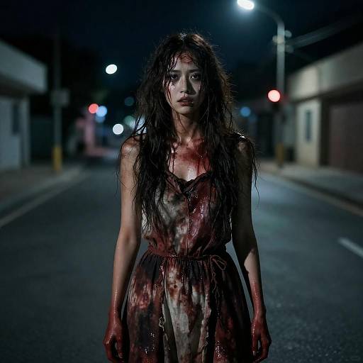 Blood-Stained Woman on Dark Street at Night