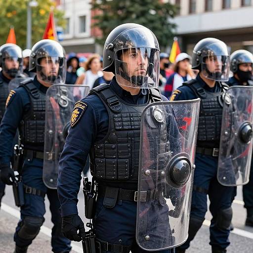 Photograph of four male police officers in black tactical uniforms and clear riot shields marching in a street protest, with blurred onlookers and colorful flags in