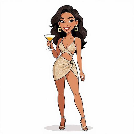 Digital cartoon of a smiling woman with dark wavy hair, wearing a shimmering beige wrap dress, white high heels, and large square earrings, holding
