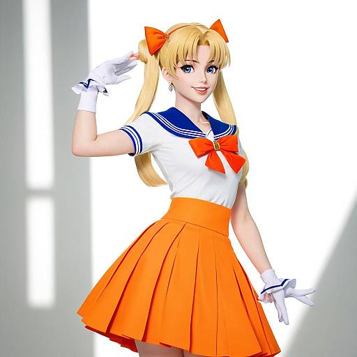 Digital anime-style drawing of a blonde girl in a white sailor top with blue trim, orange bow, and orange pleated skirt, wearing white gloves,