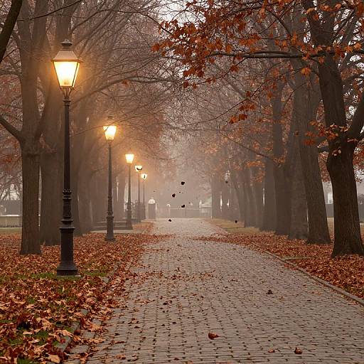 Photograph of a misty, autumnal park pathway lined with black lampposts, fallen leaves, and tall, leafless trees. Warm