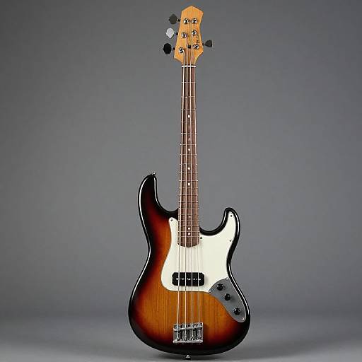 Photograph of a vintage electric guitar with a sunburst finish, white pickguard, black pickups, and six tuning pegs, standing against a gradient