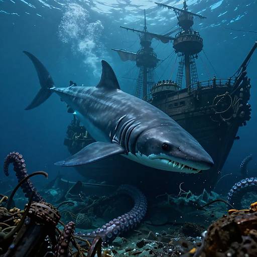 Photograph of a large, striped shark swimming near a sunken, weathered pirate ship, surrounded by coral reefs and octopus tentacles, underwater