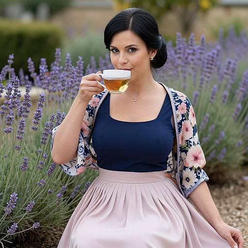 Photograph of a fair-skinned woman with black hair in a floral kimono, black top, and pink skirt, sipping tea in a lavender