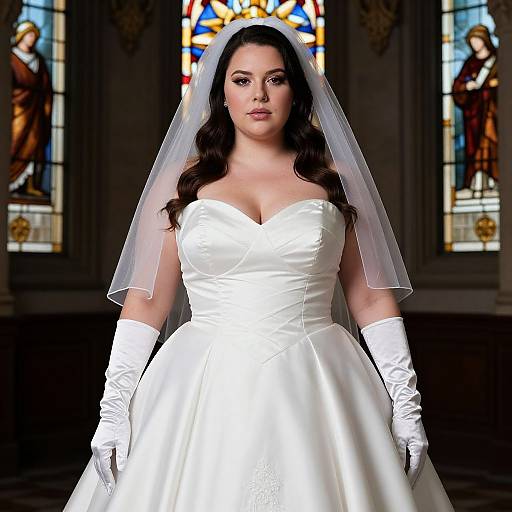 Photograph of a fair-skinned, brunette bride with long wavy hair, wearing a strapless white satin wedding dress, veil, and white gloves