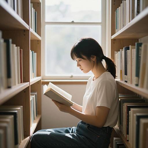 Photograph of an Asian woman with black hair in a ponytail, wearing a white t-shirt and blue jeans, reading a book in a sunlit