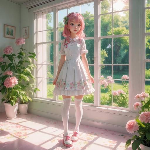 Young girl in floral dress by window