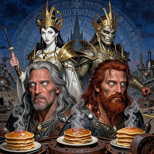Digital fantasy artwork: Two bearded men with steaming pancakes, one with gray hair, the other with red hair, stand before two crowned, pale