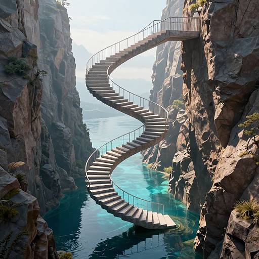 Photorealistic digital artwork of a serpentine staircase with metal railings descending between towering rocky cliffs into a turquoise, clear-water canyon. Bright sunlight