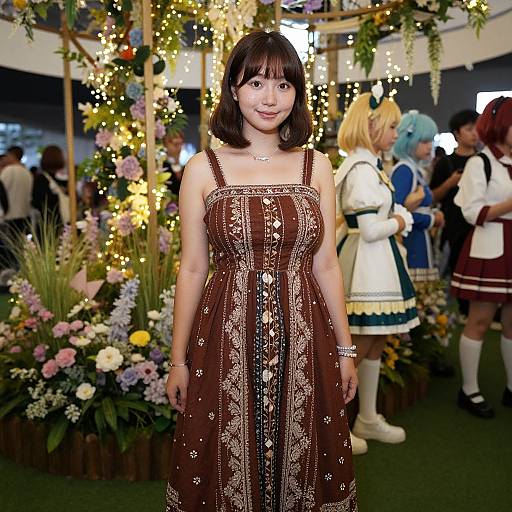 Photograph of an Asian woman with shoulder-length brown hair, wearing an embroidered brown dress, standing in front of a flower-adorned, fairy-l