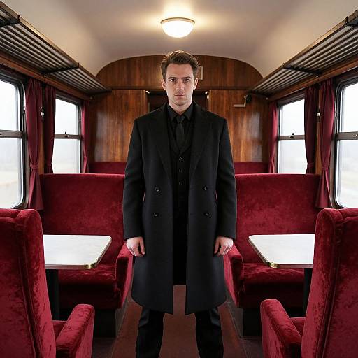 Photograph of a serious, fair-skinned man with short brown hair, wearing a black coat, standing in a luxurious red velvet train carriage with wooden