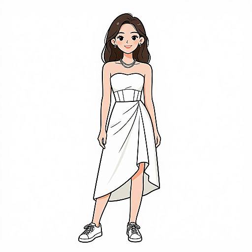 Digital anime-style drawing of a young woman with long black hair, wearing a white strapless dress, necklace, and white sneakers, standing against a plain