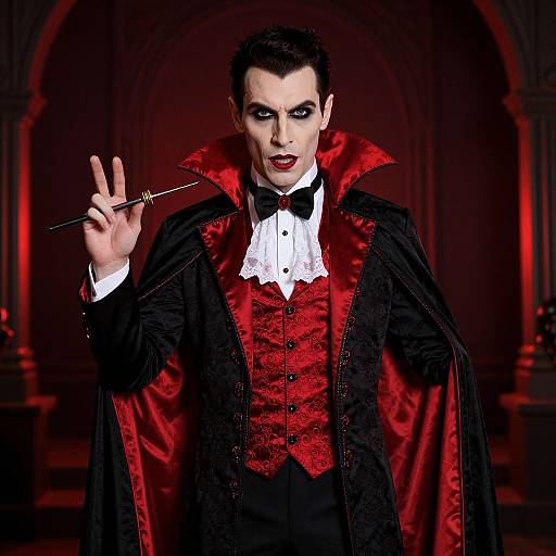 Photograph of a pale male vampire with dark makeup, red velvet vest, black cape, holding a dagger, flashing a devil horn sign, in a