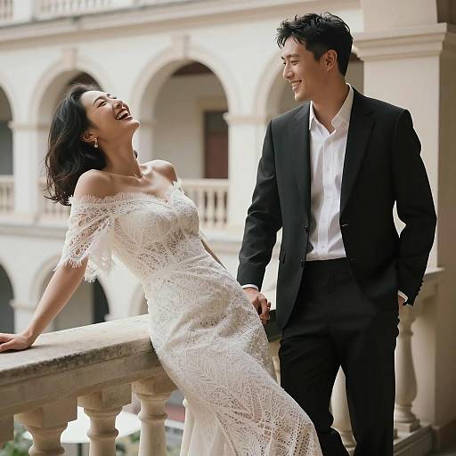 Couple in Wedding Attire on Balcony