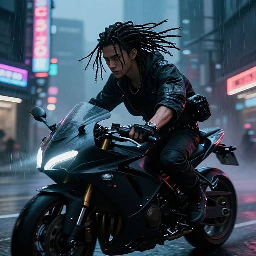 Cyberpunk night scene: muscular man with dreadlocks, black leather jacket, riding sleek black motorcycle, neon lights, rain, urban city background.
