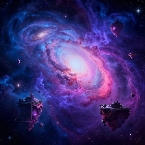 Digital artwork of a vibrant, swirling galaxy with neon blue, purple, and pink clouds. Floating space stations surround the cosmic vortex, set against a star