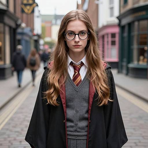 Photograph of a young girl with long brown hair, glasses, wearing a Hogwarts-style school uniform, standing in a cobblestone street.