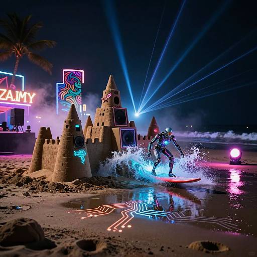 Nighttime beach scene photograph: neon-lit sandcastle with turrets, surfer in black wetsuit riding red surfboard, splashing water