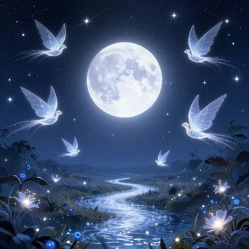 Digital artwork of glowing white doves flying around a bright full moon, over a blue-lit river with sparkling stars and bioluminescent plants.