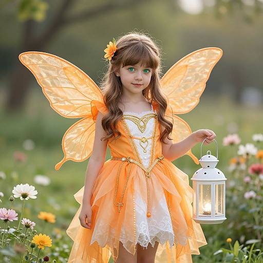 Photograph of a young girl with green eyes, wearing an orange fairy dress, translucent orange wings, holding a lantern, in a sunlit garden with