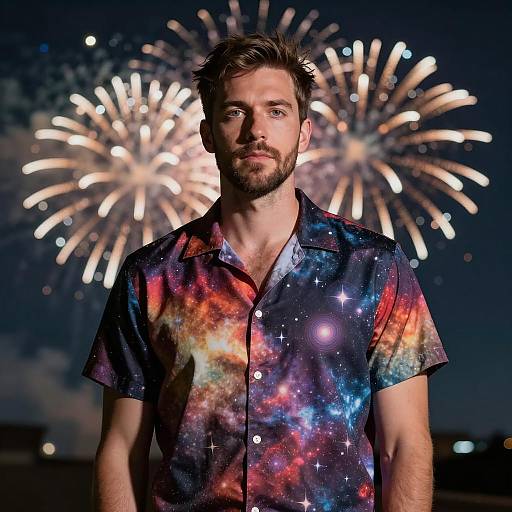 Man Wearing Cosmic Shirt with Fireworks Background
