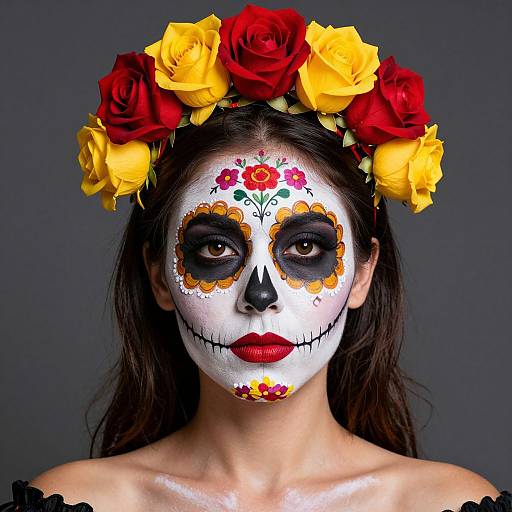 Photograph of a woman with white face paint, black eye sockets, red lips, floral designs, black nose, wearing a yellow-red rose crown,
