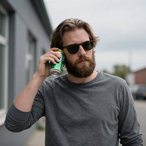 Bearded Man with Beer Can and Sunglasses