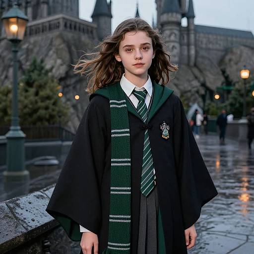 Photograph of a young woman with fair skin and brown hair, wearing a Hogwarts school uniform, standing on a wet, cobblestone path in front